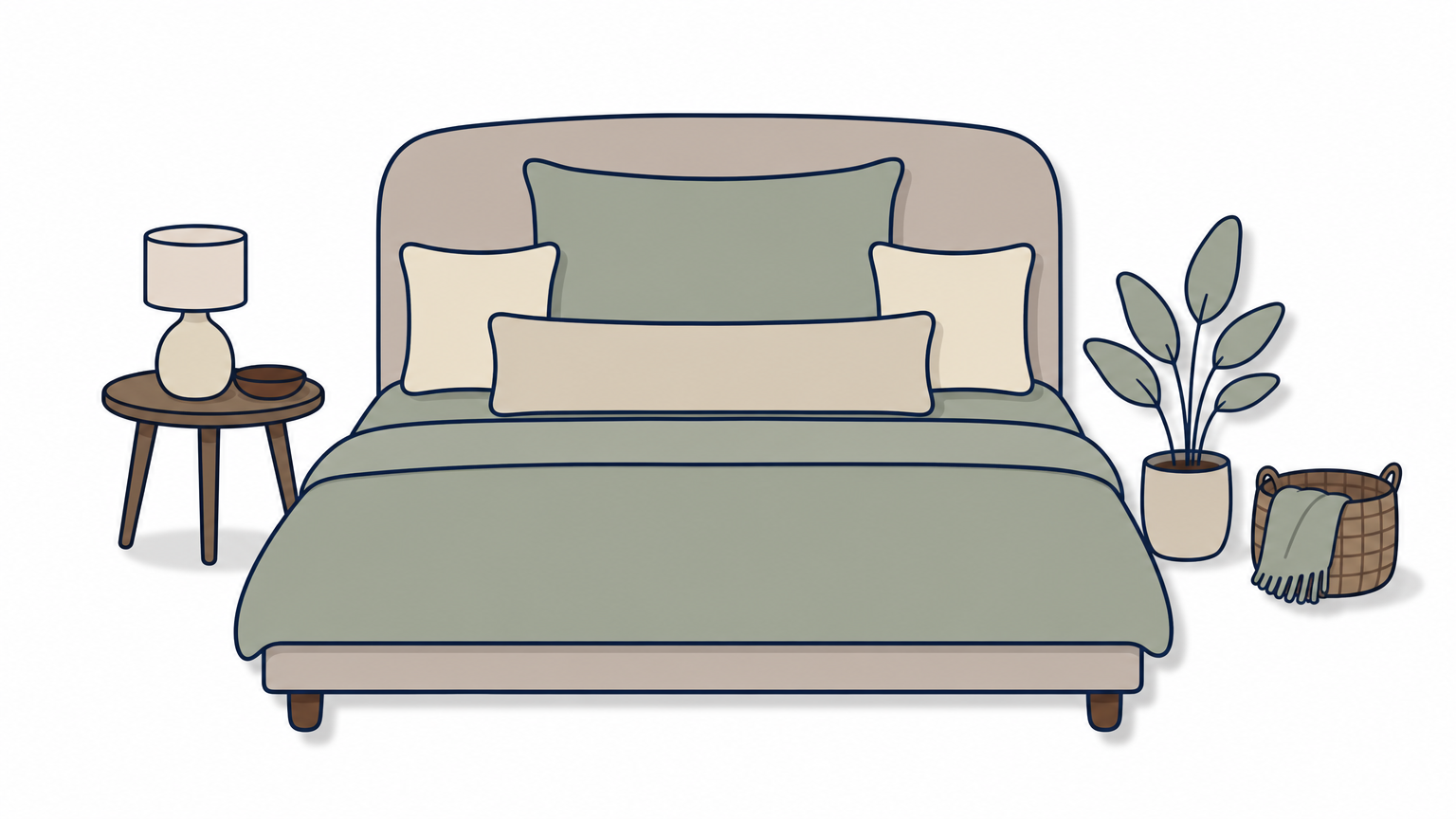 A bed dressed with a large square pillow, a long lumbar pillow, and two smaller square covers.