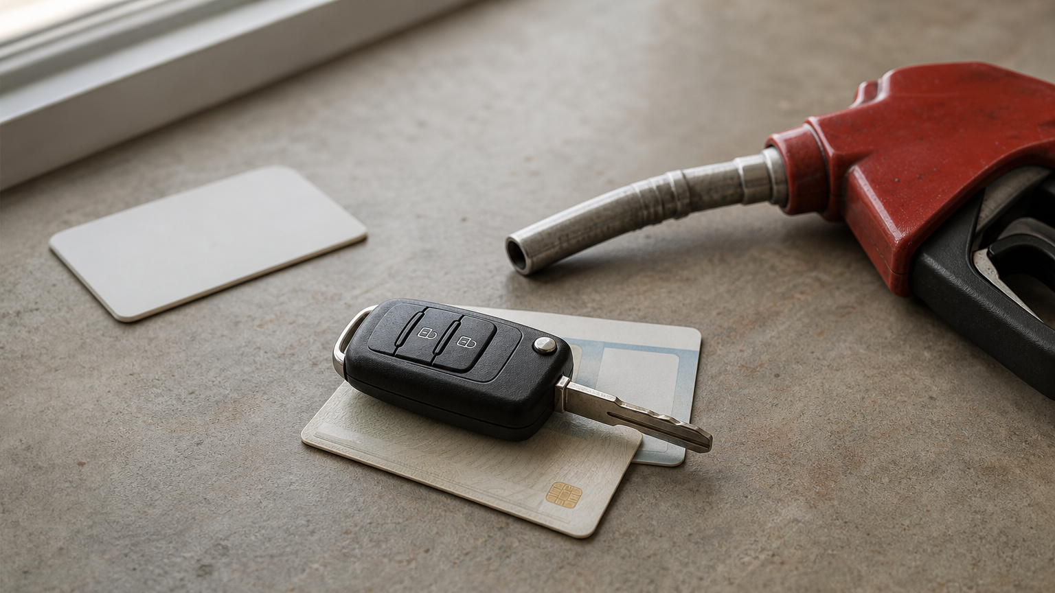 A car key on an ID card with a driver's license and a fuel nozzle nearby.