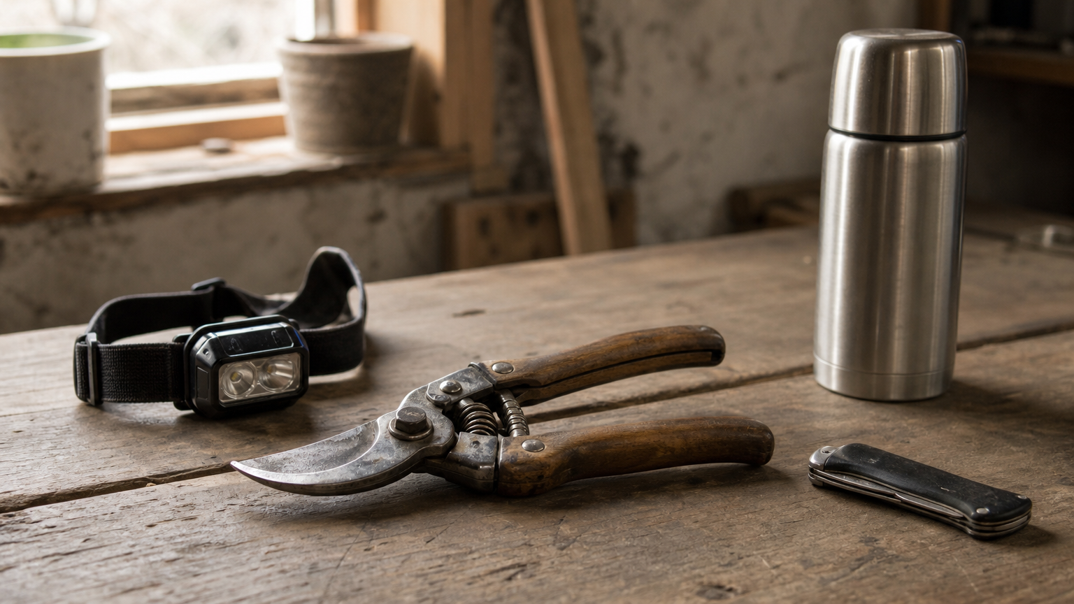 Un sécateur, un thermos, une lampe frontale et un couteau de poche sur un établi en bois.