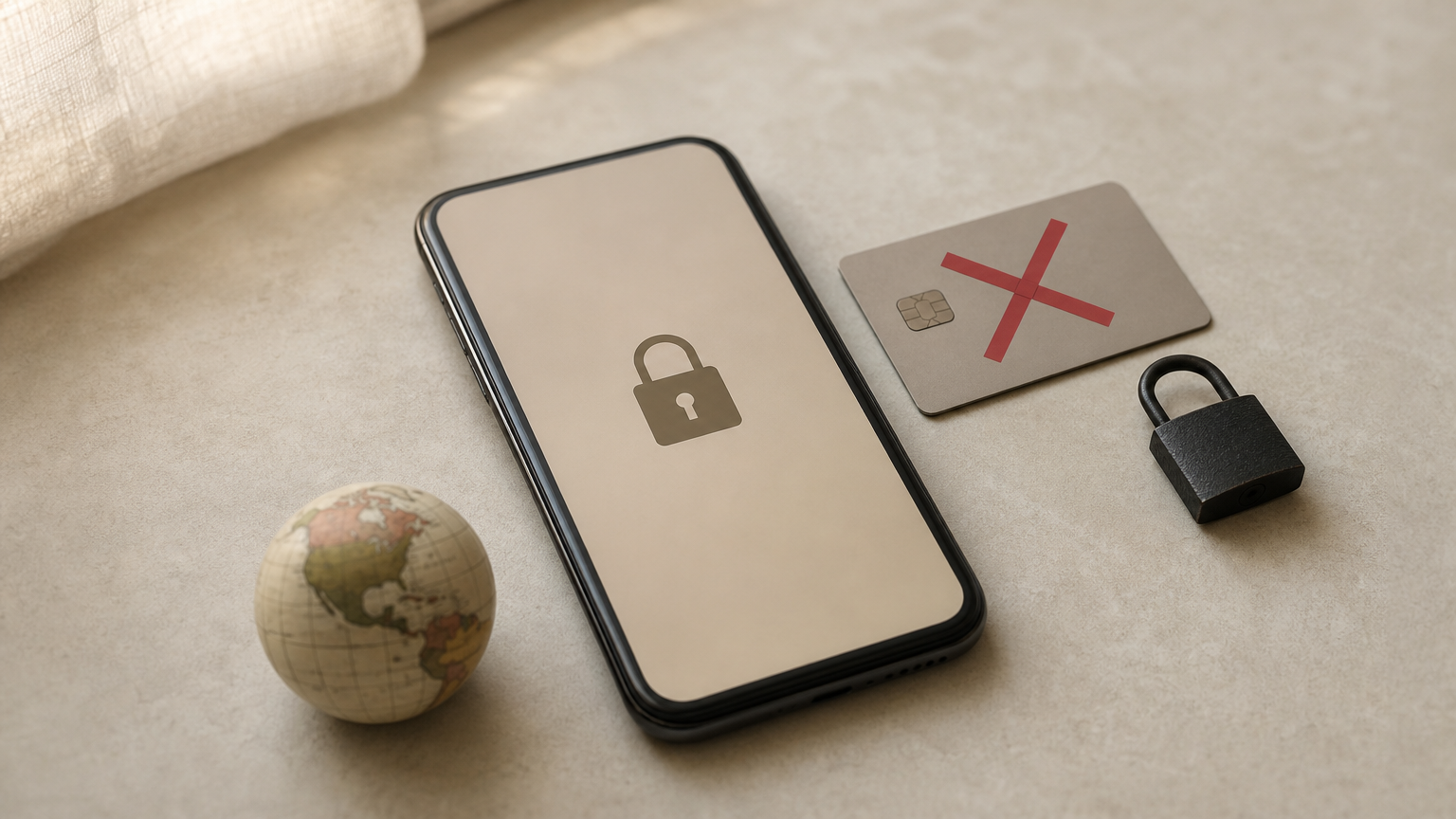 A smartphone with a padlock, a small globe and a bank card with a red cross.