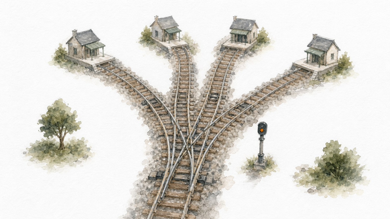 A model railway junction splitting into four branching tracks with signal lights and small stations.