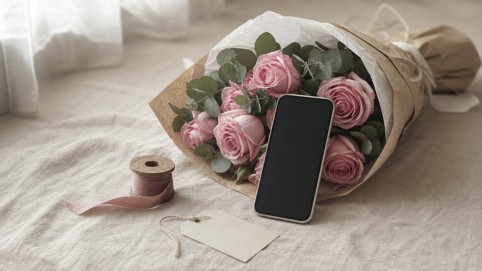 A smartphone beside a wrapped pink rose bouquet, a ribbon spool and a gift tag.
