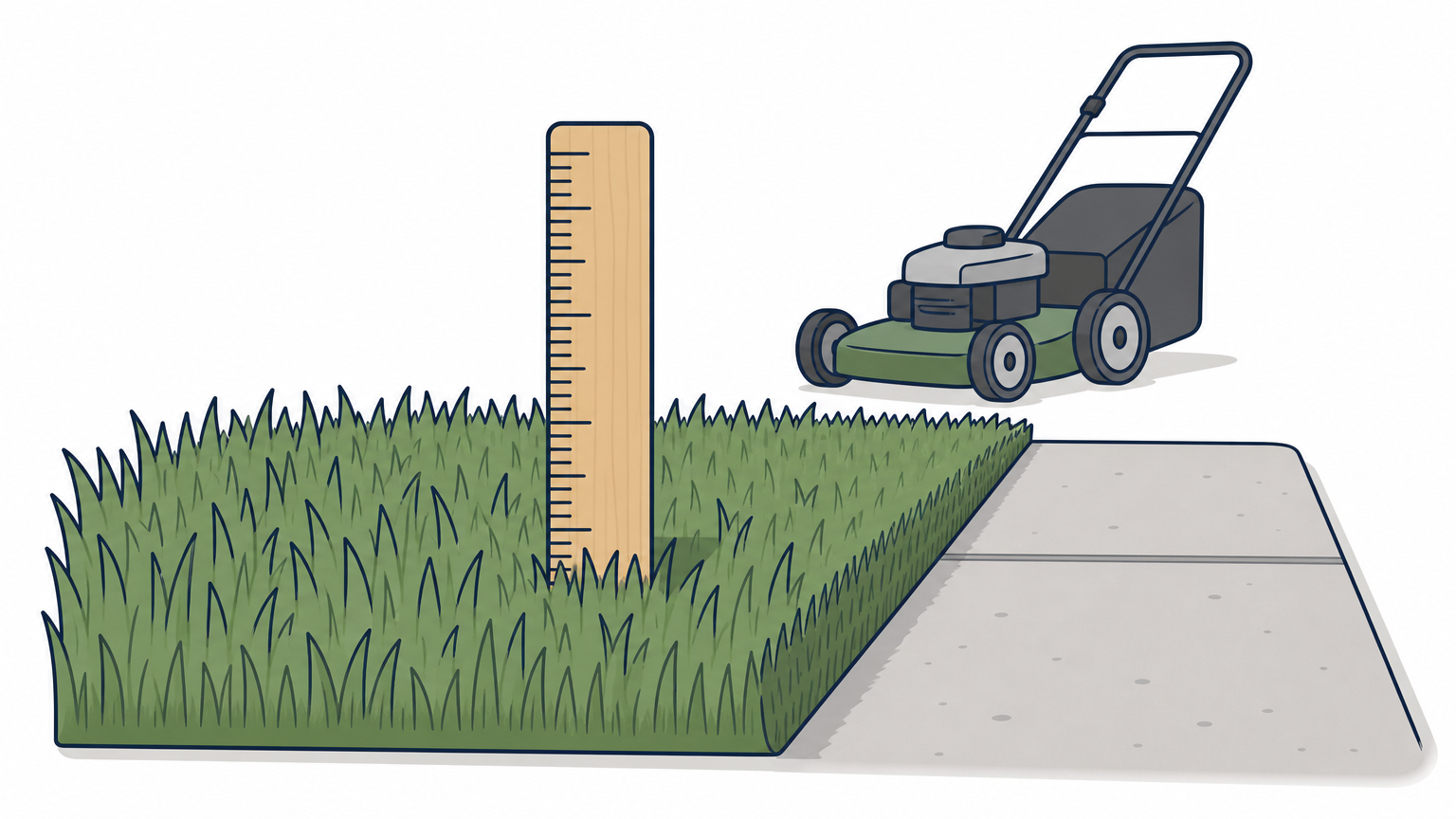 A ruler standing in freshly mowed grass beside a clean edge along a walkway.
