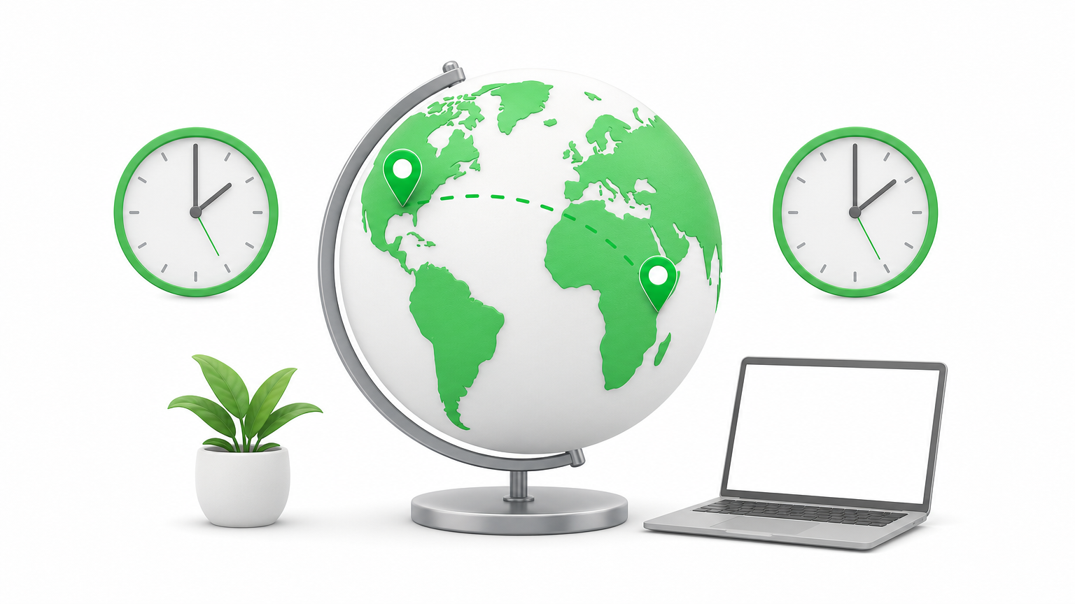 A globe, two wall clocks and an open laptop representing shared working hours.