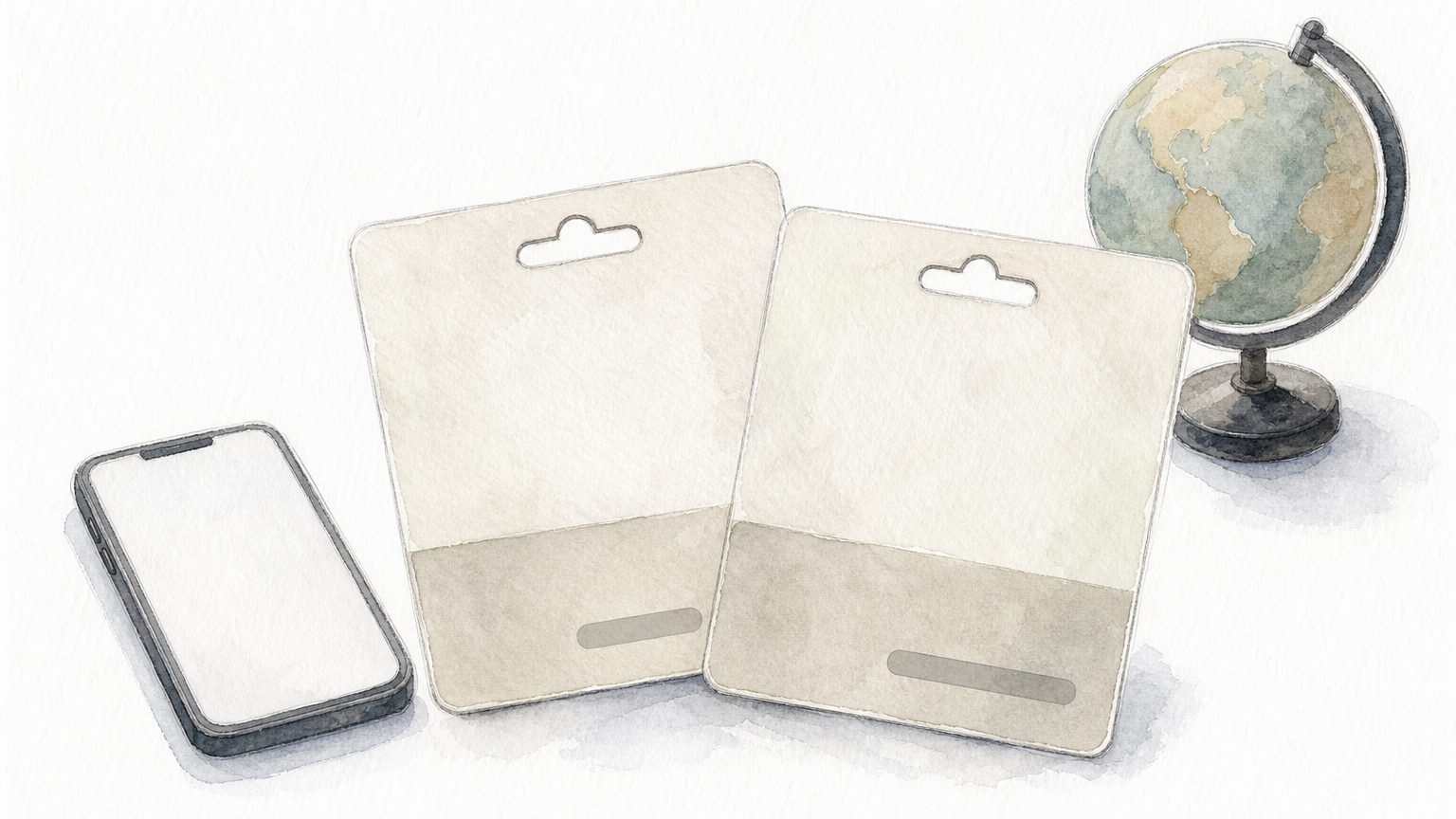 Two prepaid gift cards next to a smartphone and a small desk globe.