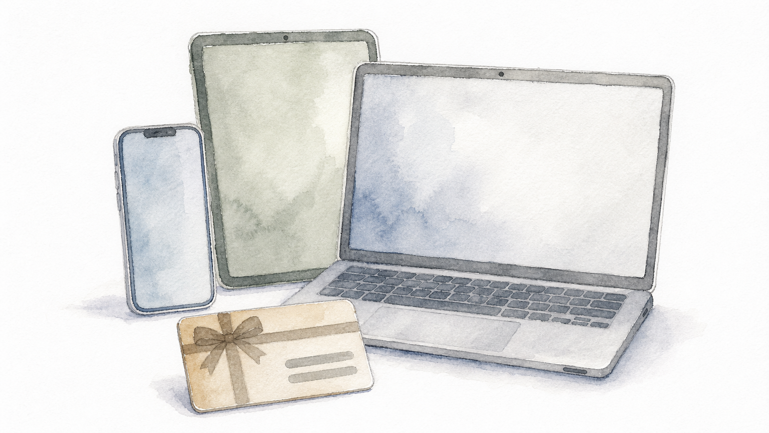 A smartphone, tablet and laptop with a prepaid gift card in front of them.