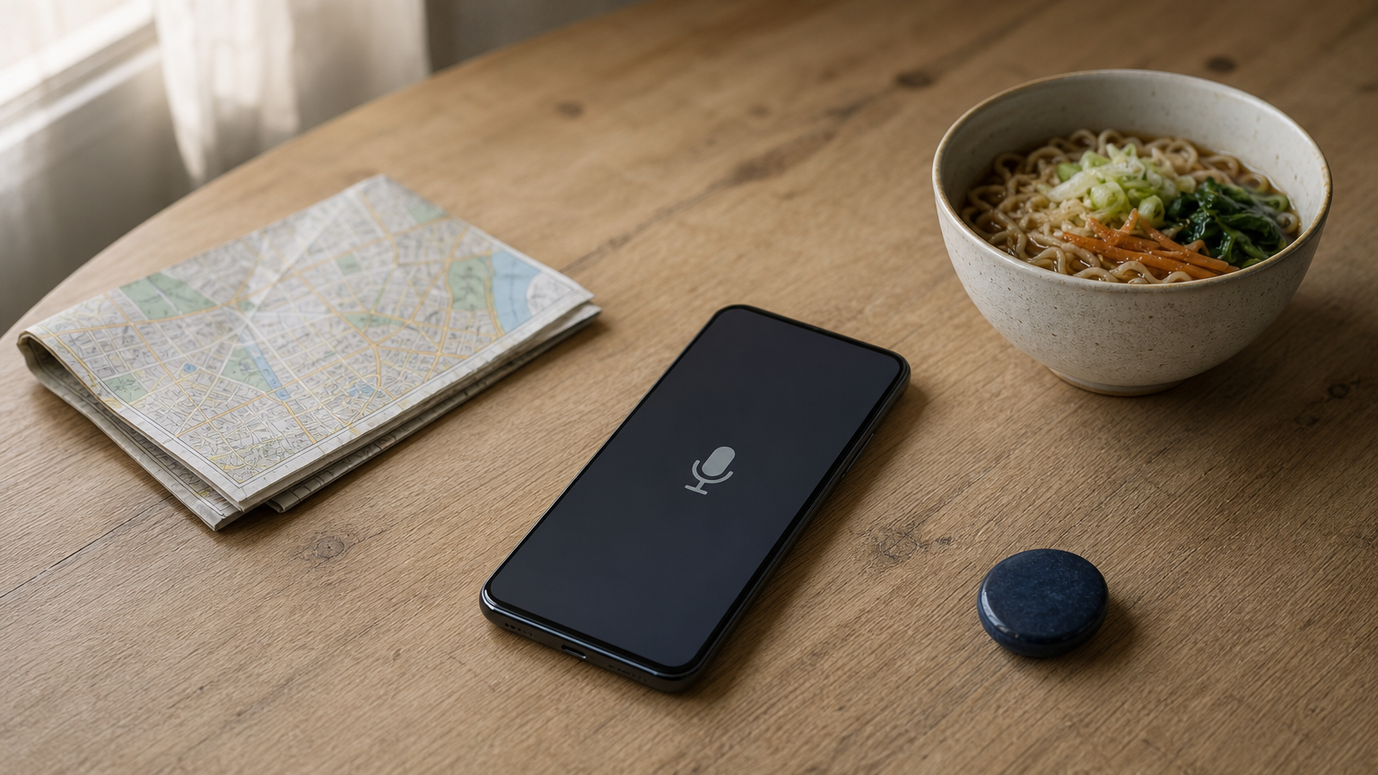 A smartphone beside a bowl of noodles and a folded paper map.