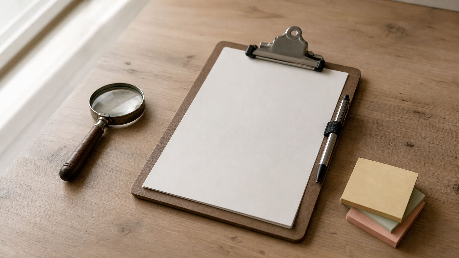 A clipboard with a task sheet, a magnifying glass and sticky notes lying together.