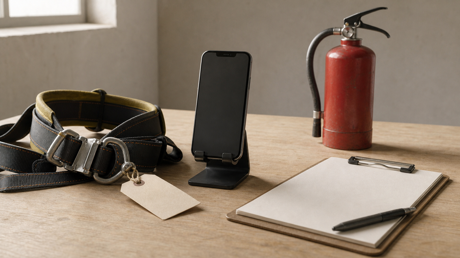Smarttelefon på stativ med sikkerhetssele, brannslukker og clipboard med utstyrslogg rundt.