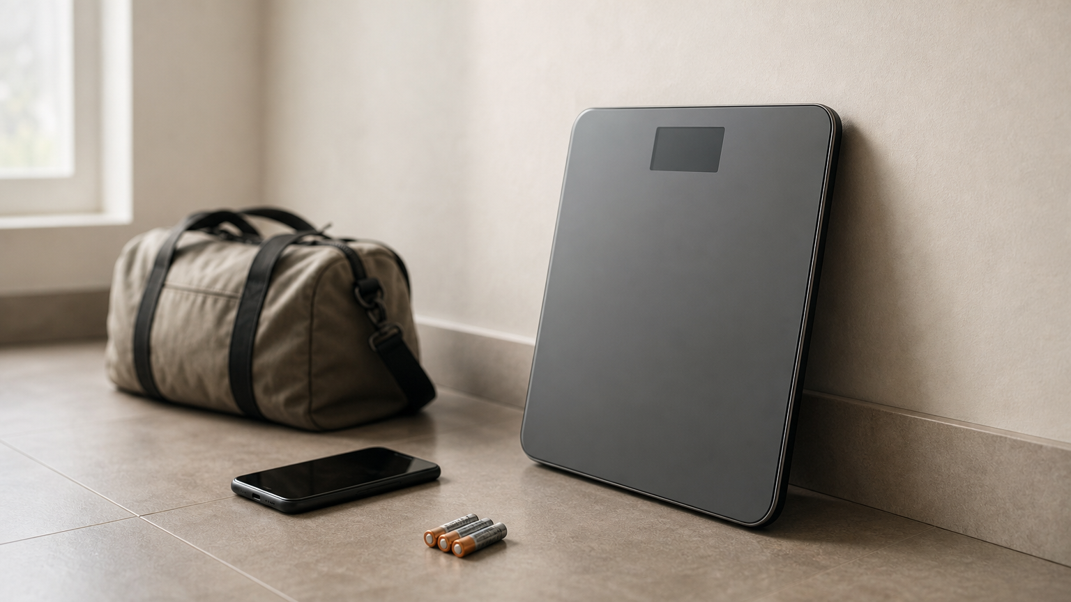 A thin digital scale with a smartphone, a duffel bag and AAA batteries beside it.
