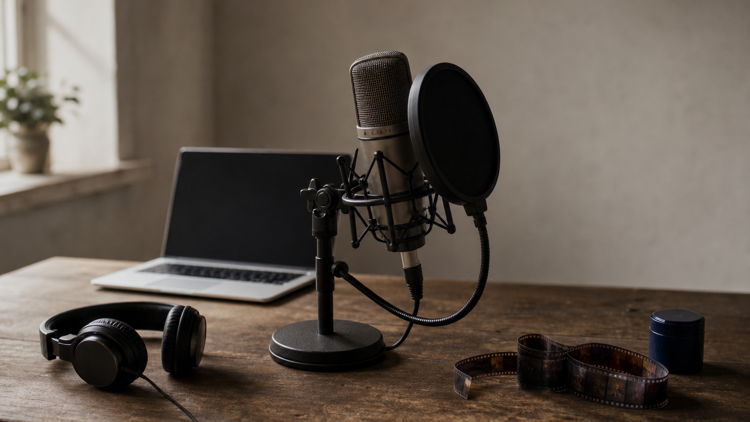 A studio microphone, laptop with an audio waveform, headphones and film strip.
