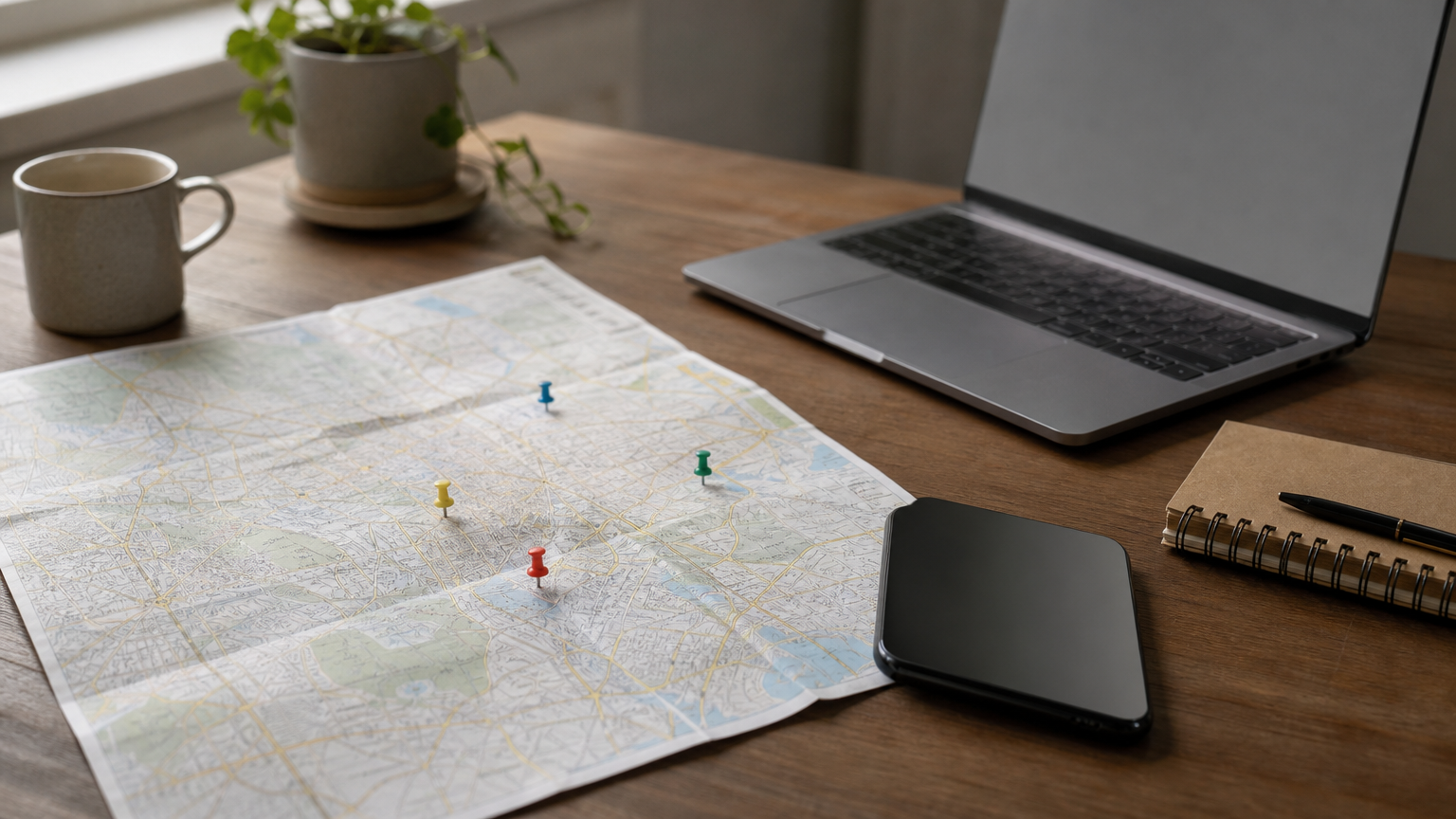 A pinned paper city map next to a smartphone with five-star reviews and a laptop.