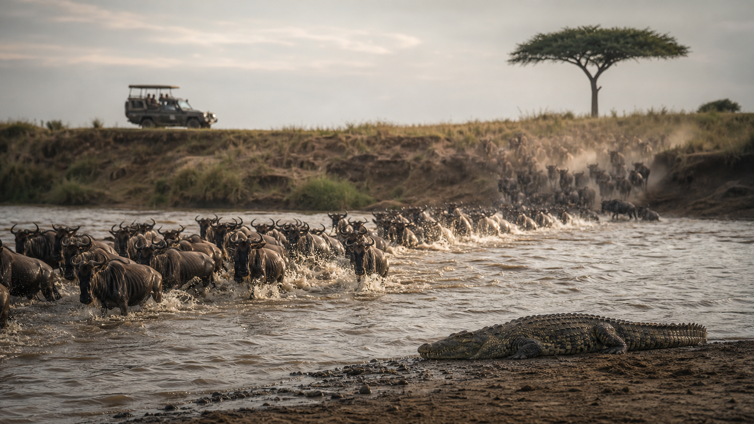 Wildebeest cross the Mara River while a crocodile waits on the bank and a safari jeep watches.