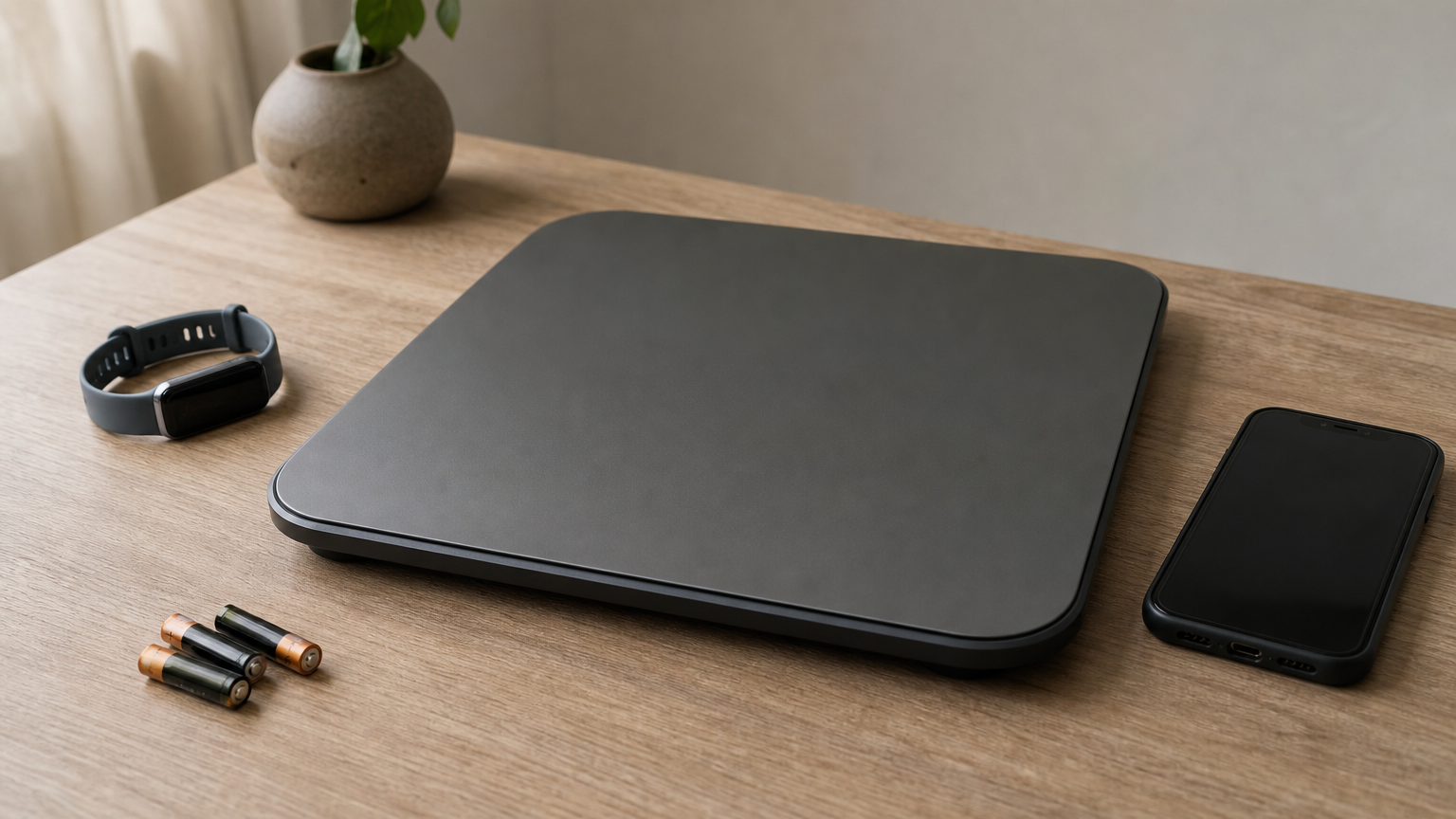 A rounded-corner digital scale next to a fitness wristband, a smartphone and three AAA batteries.