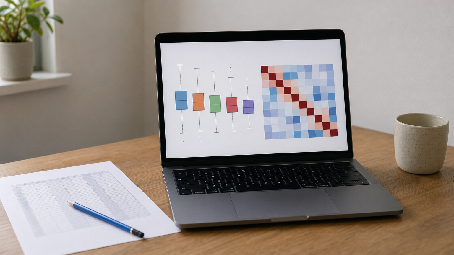 A laptop displaying a box plot and heatmap next to a printed spreadsheet page and a pencil.