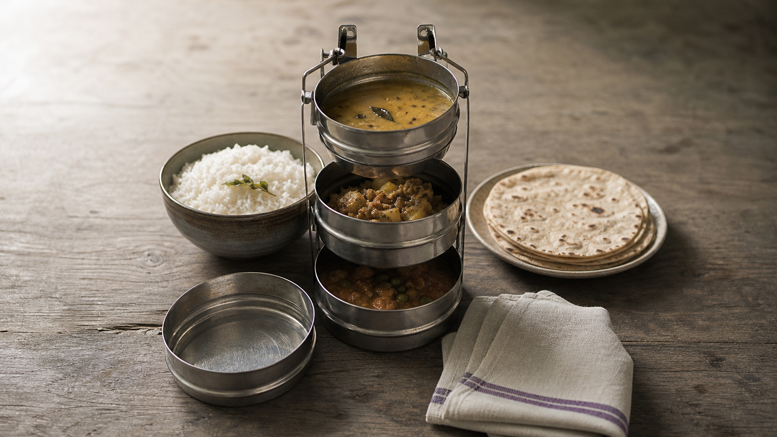 An open steel tiffin carrier with rice and rotis beside it on a kitchen counter.