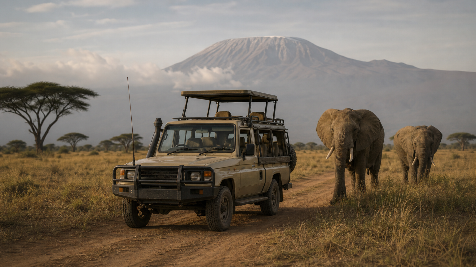 A Land Cruiser safari jeep on a dirt track as elephants walk with Kilimanjaro behind.