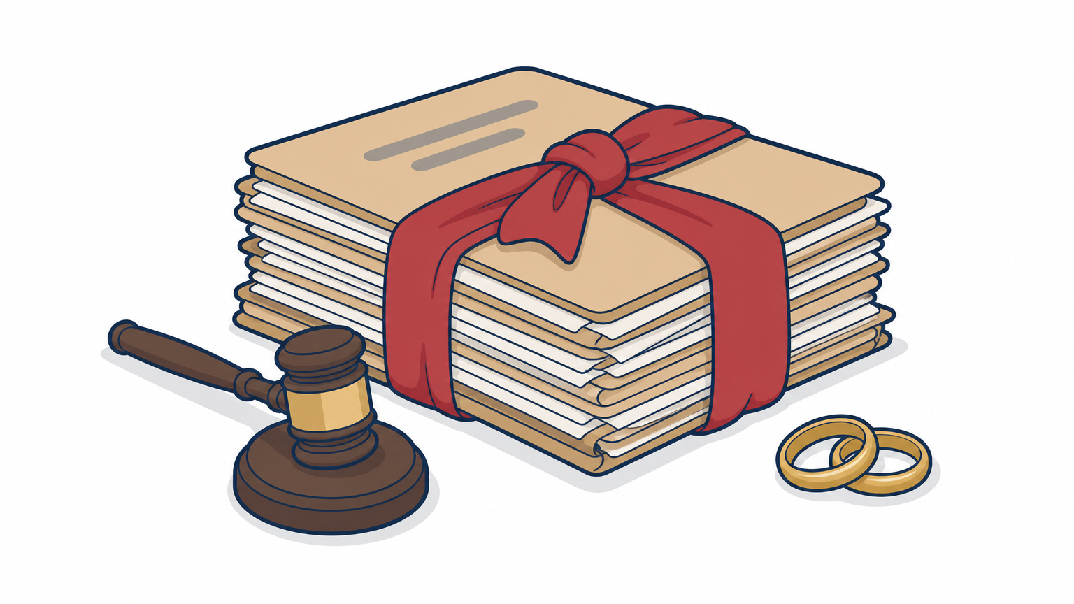A tied bundle of case files with a gavel and wedding rings on a courtroom bench.