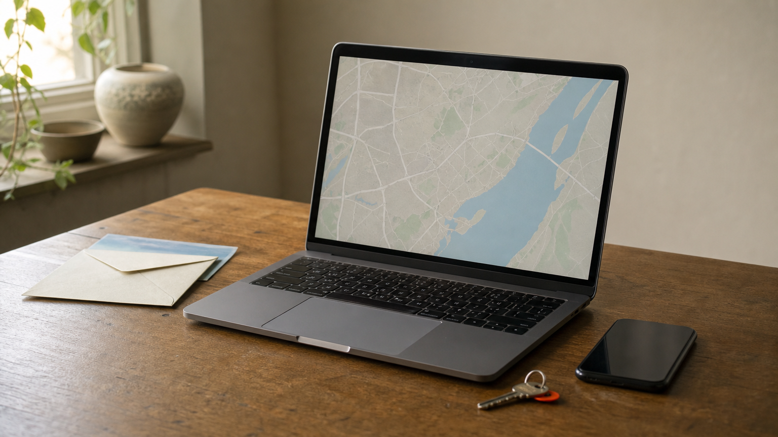 A laptop showing a map, a postcard envelope, a smartphone, and a house key.