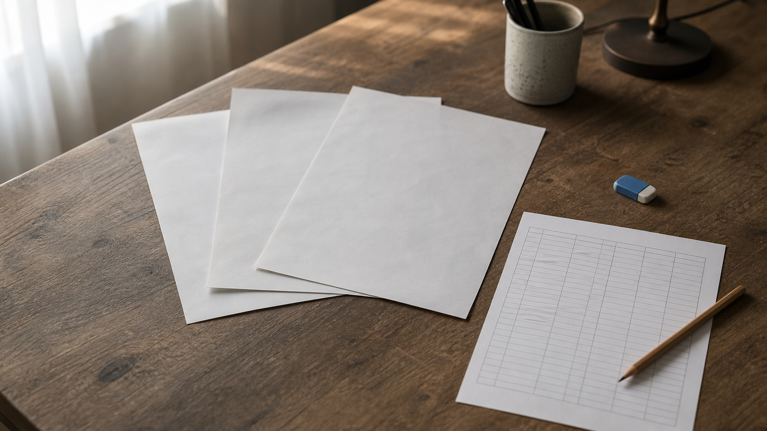 Three printed research papers fanned out beside a printed grid table and a pencil.