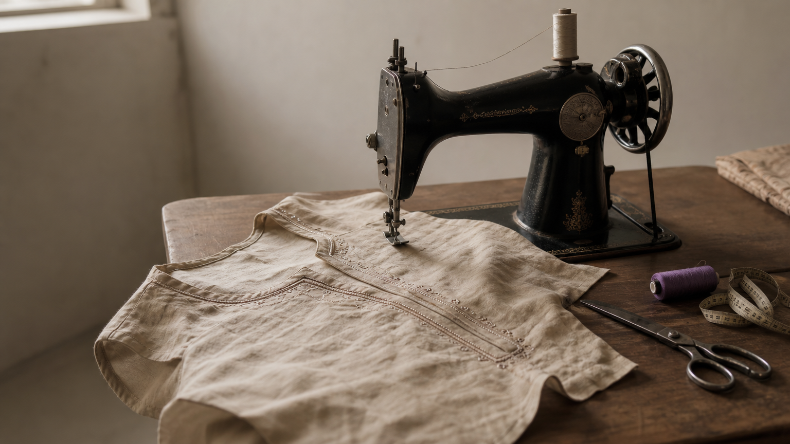 A sewing machine with a half-stitched kurta, a measuring tape, thread and scissors.