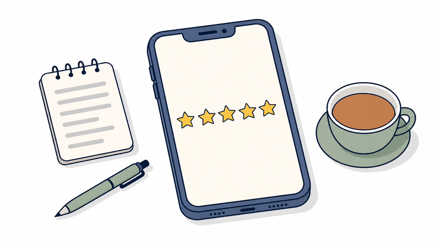 A smartphone showing star ratings next to a notepad, pen and cup of tea.