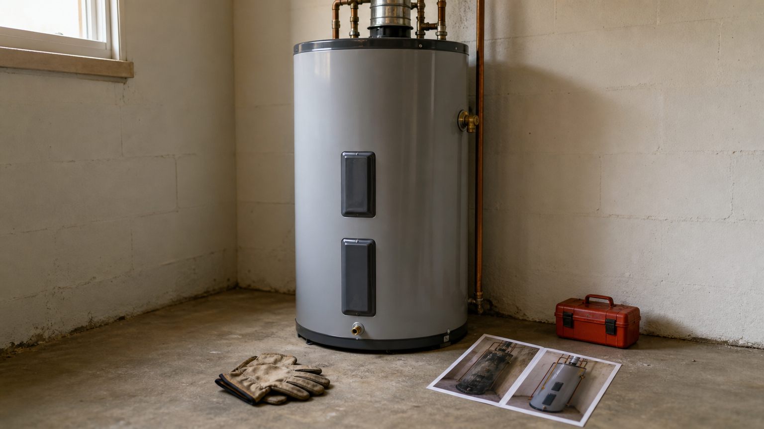 A smartphone photographing a new water heater beside work gloves and printed before-and-after photos.