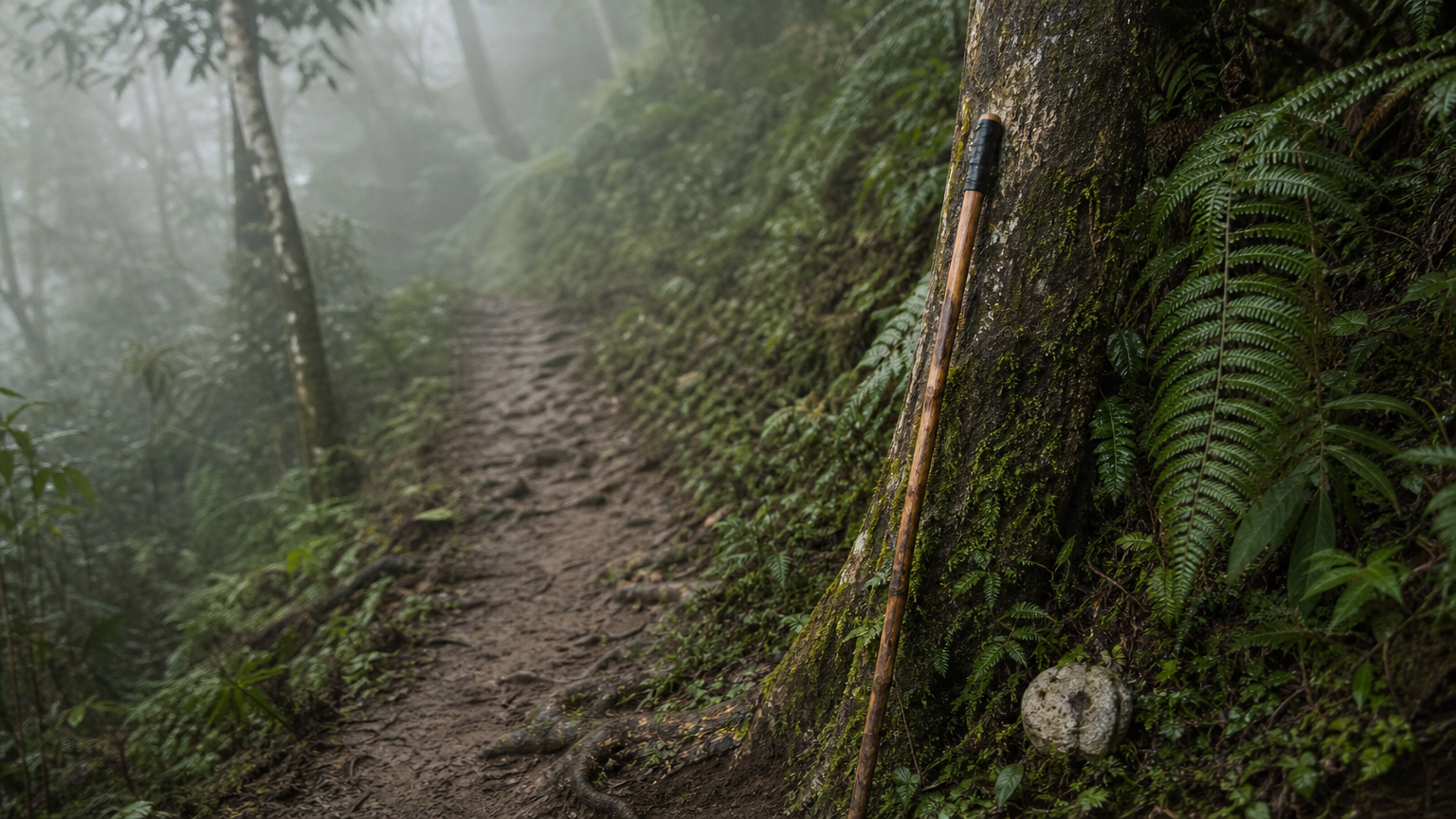 A narrow muddy trail winds through misty rainforest with a walking stick leaning against a mossy tree.