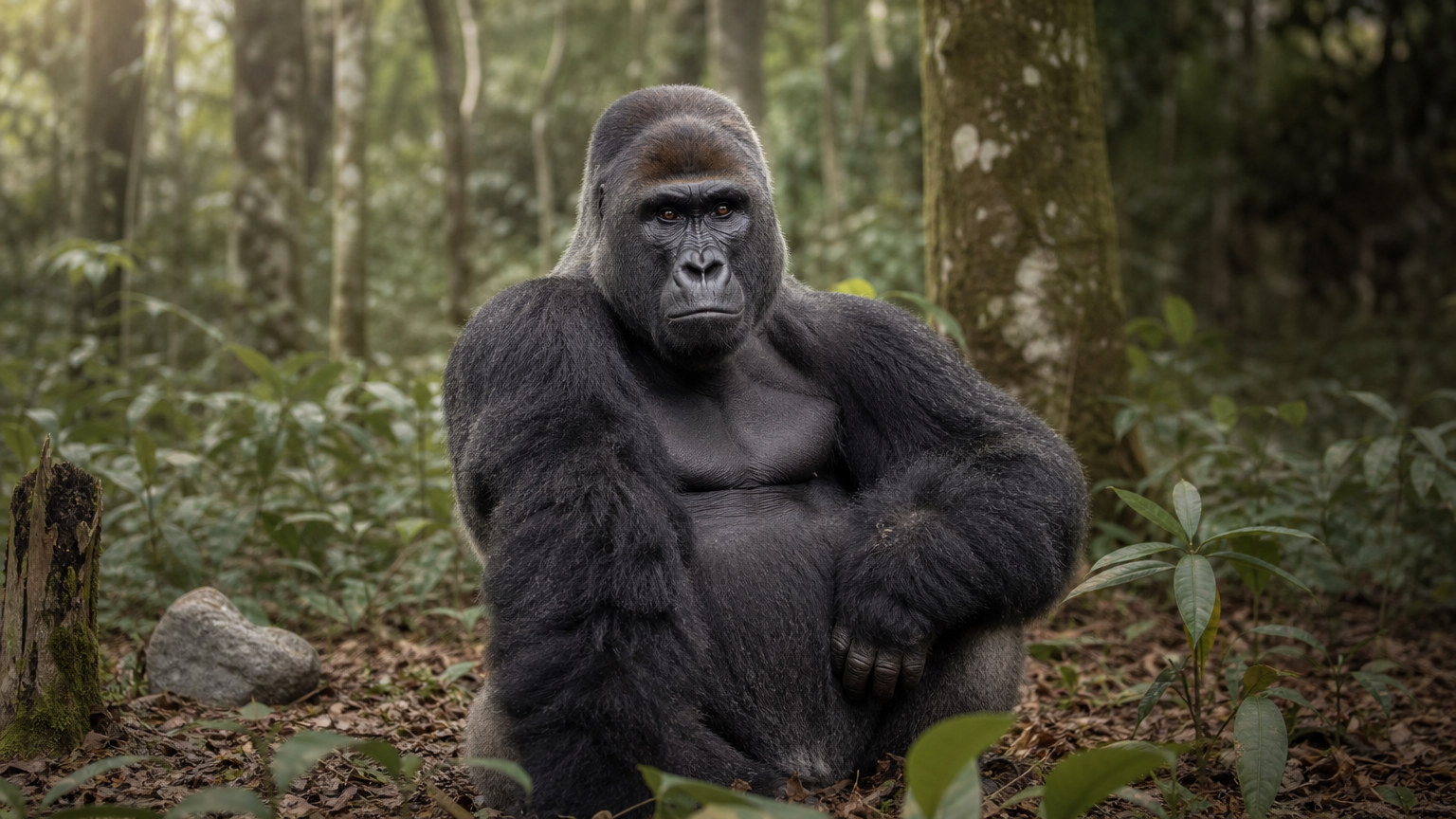 A western lowland gorilla sits in a rainforest clearing surrounded by tall trees and low green plants.