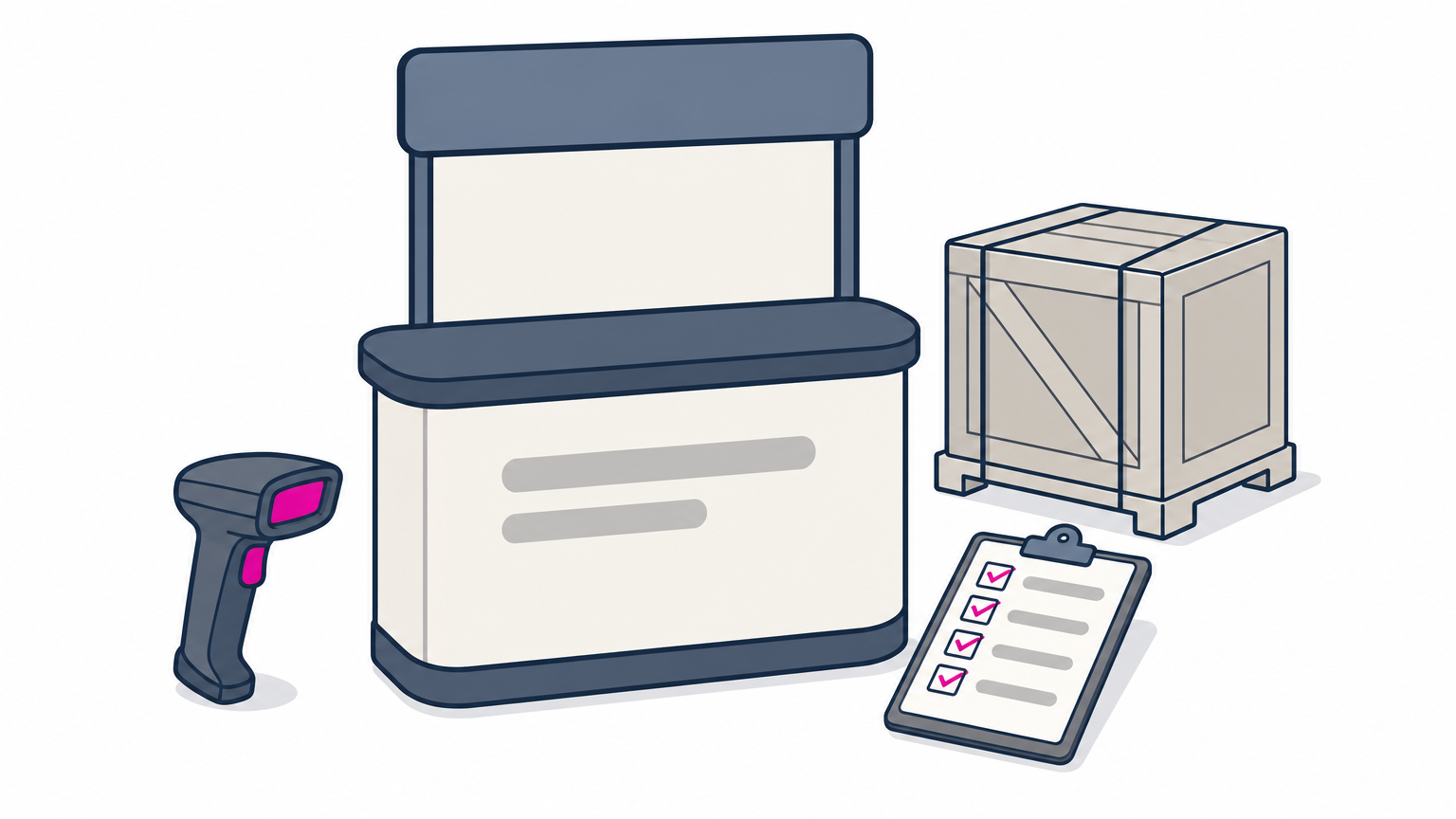 A booth counter holding a lead scanner, with a shipping crate and clipboard checklist next to it.