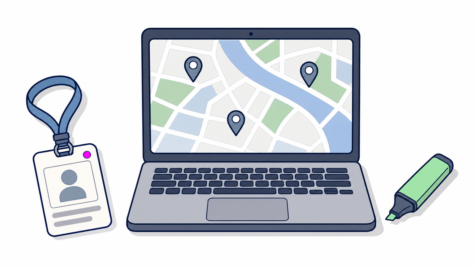 A laptop showing a city map with pins, next to a venue badge and a highlighter pen.