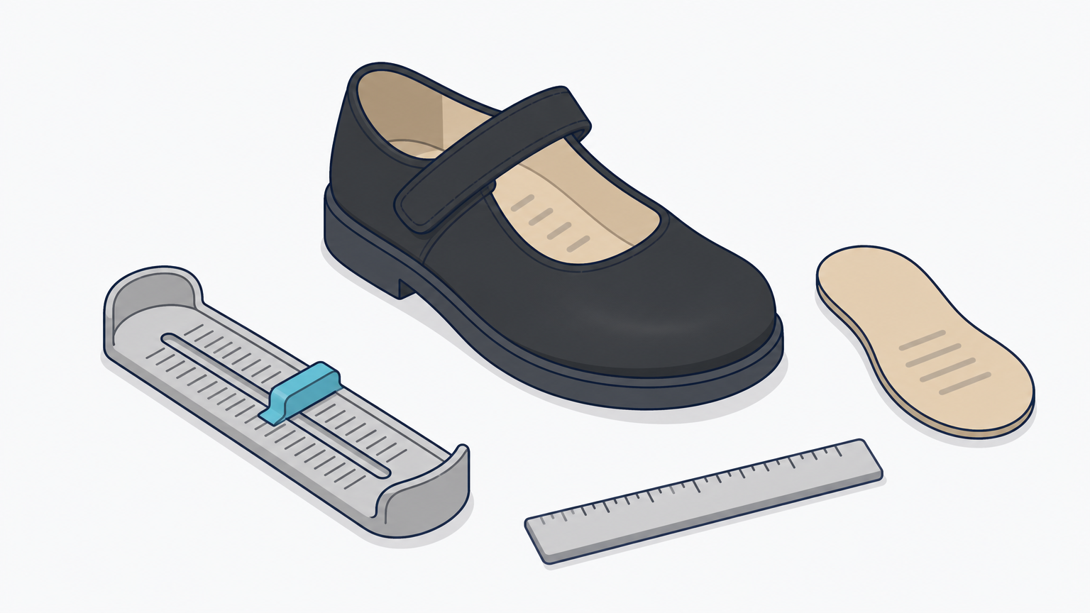 A black leather school shoe next to a width gauge, ruler and removable insole.