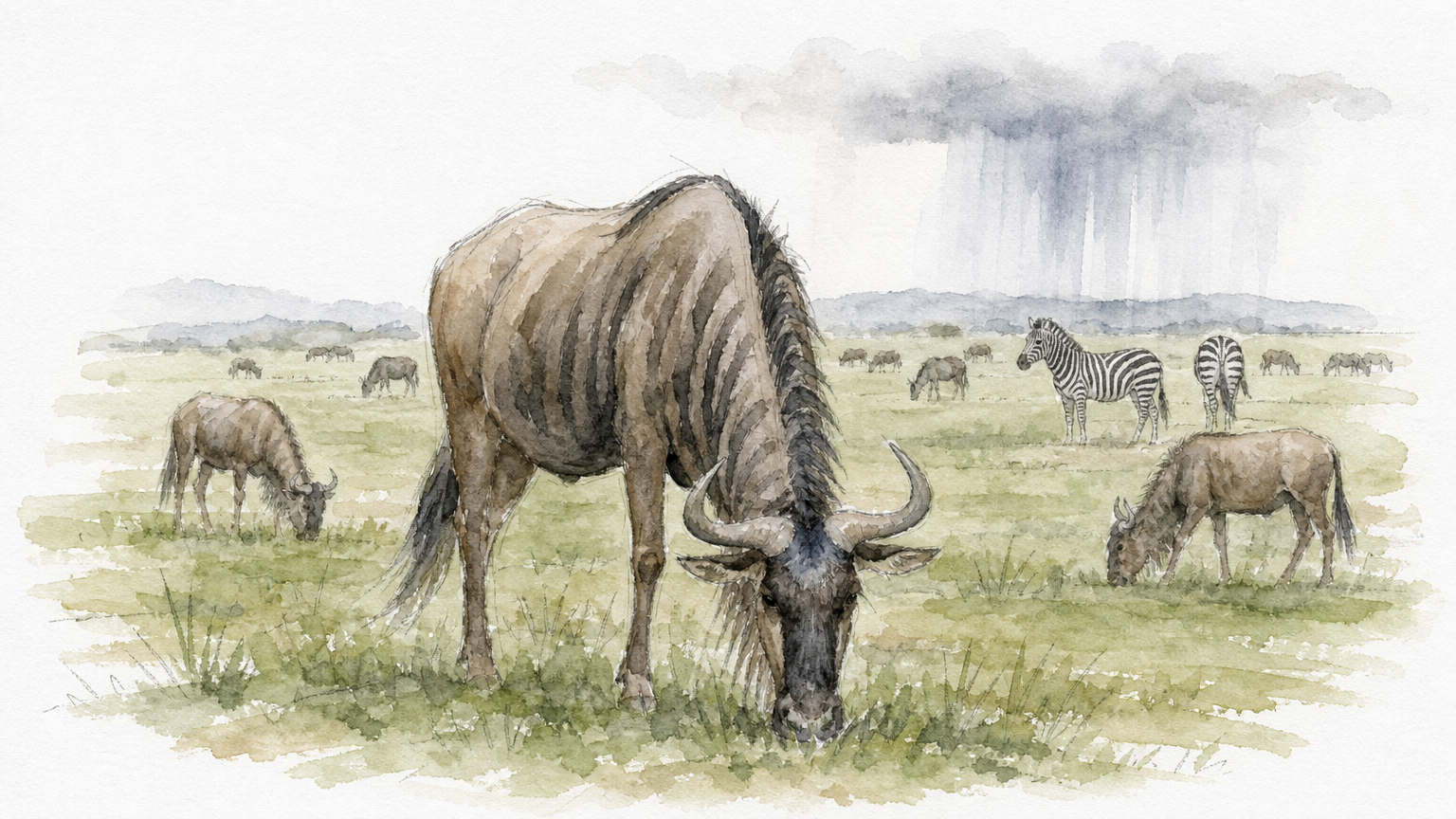 Wildebeest and zebra graze on green plains while rain falls in the distance.