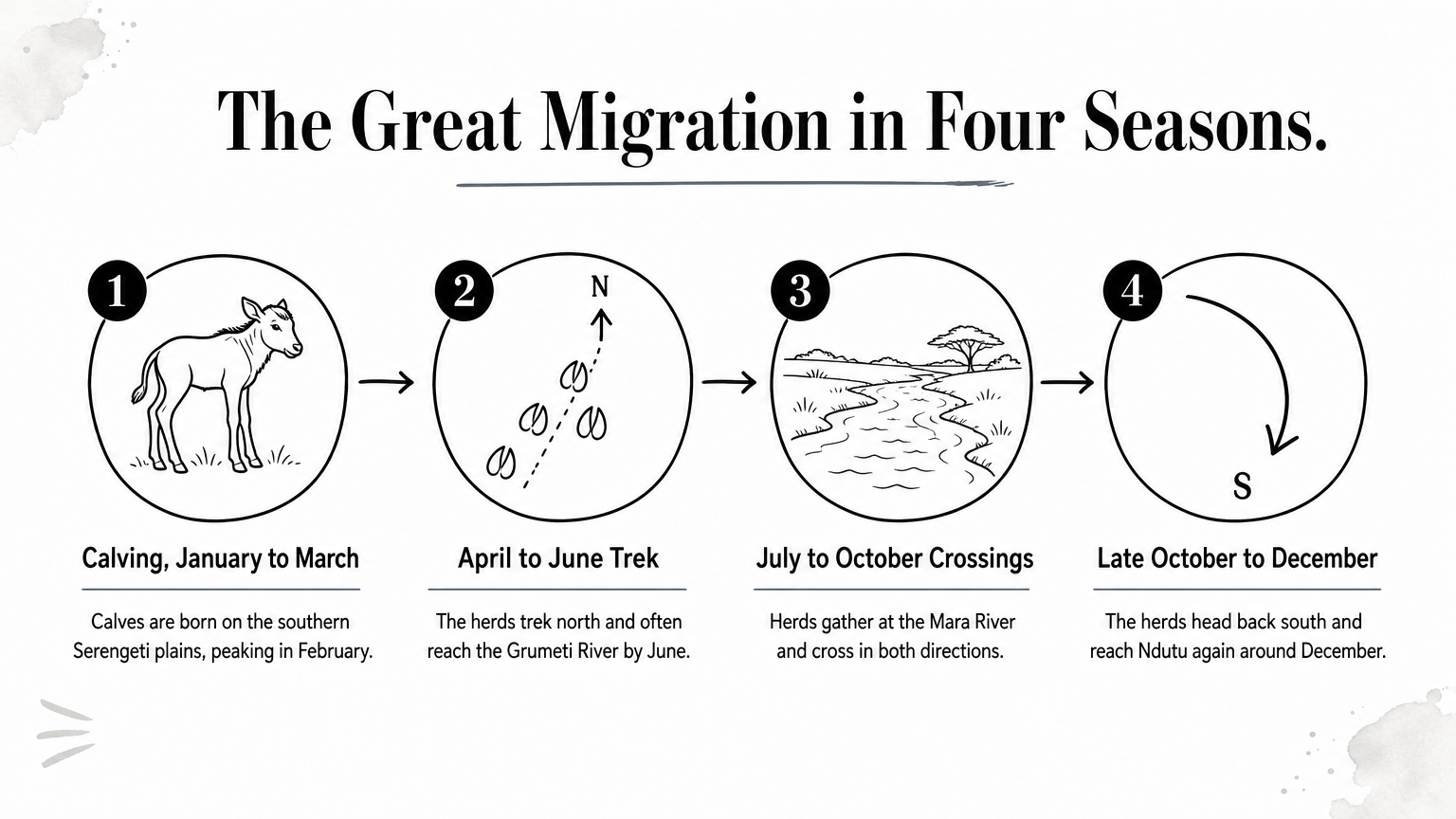Four-step diagram showing calving, the northward trek, Mara River crossings and the return south.