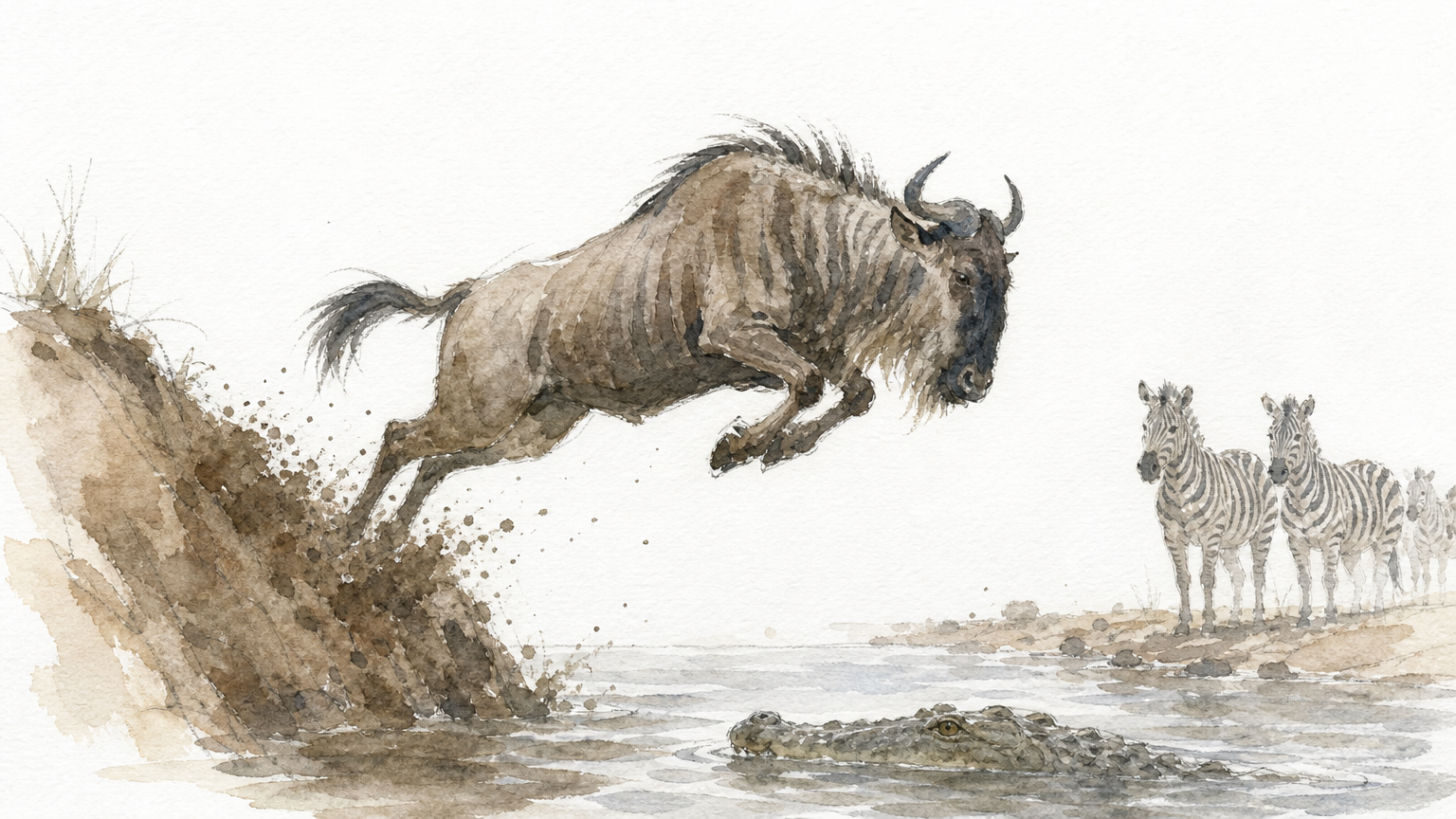 Wildebeest jump into the Mara River as a crocodile waits and zebra watch from the bank.