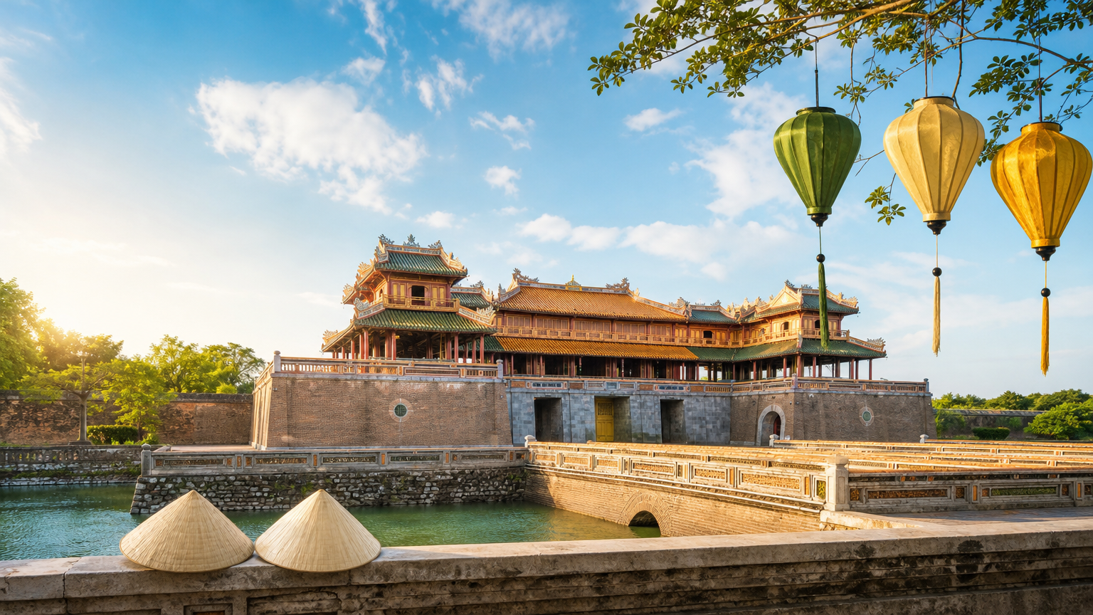 Voyage Vietnam avec guide francophone Porte de la cité impériale de Hué avec des chapeaux coniques et des lanternes.