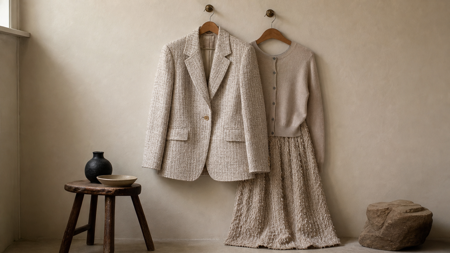 A sculpted tweed jacket on a hanger beside a textured midi skirt and a fitted cardigan.