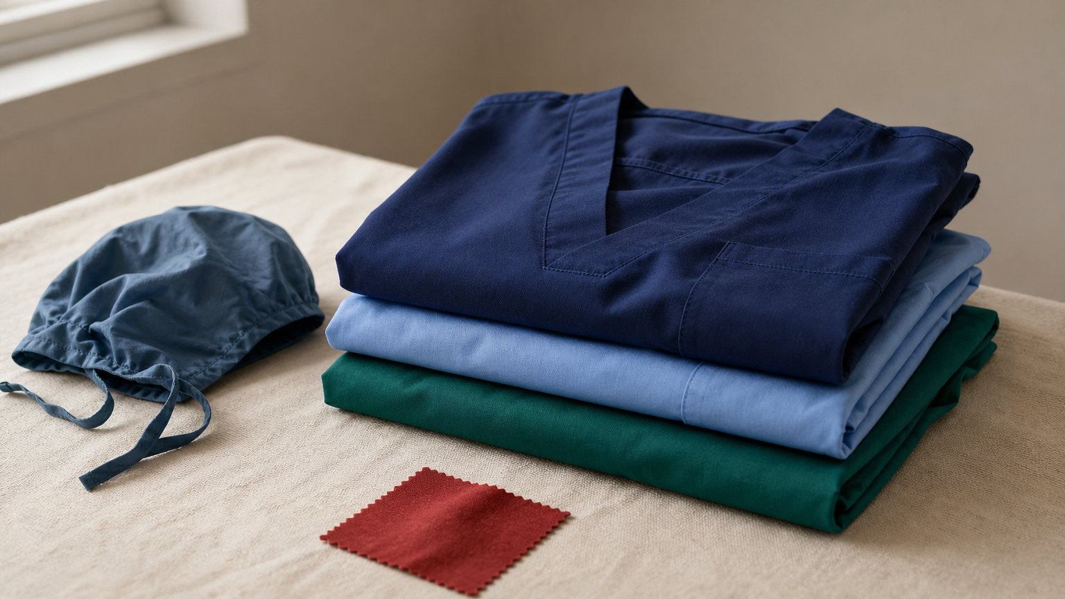A stack of folded navy, light blue and green scrub tops with a red swatch and a cap.