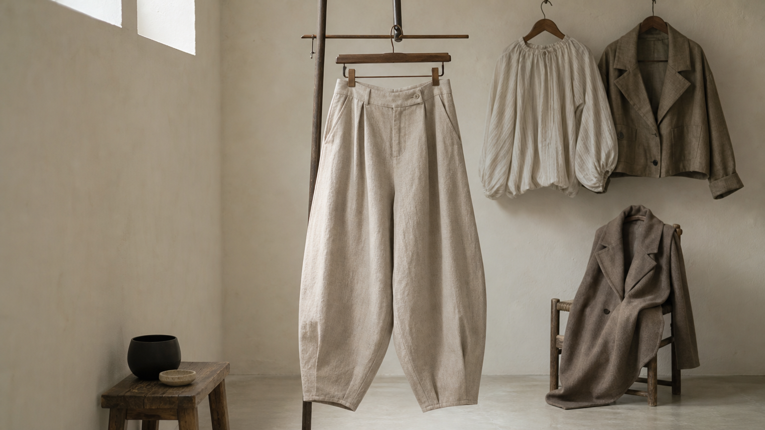 Balloon pants on a hanger beside a voluminous blouse, a cropped jacket and a cocoon coat.