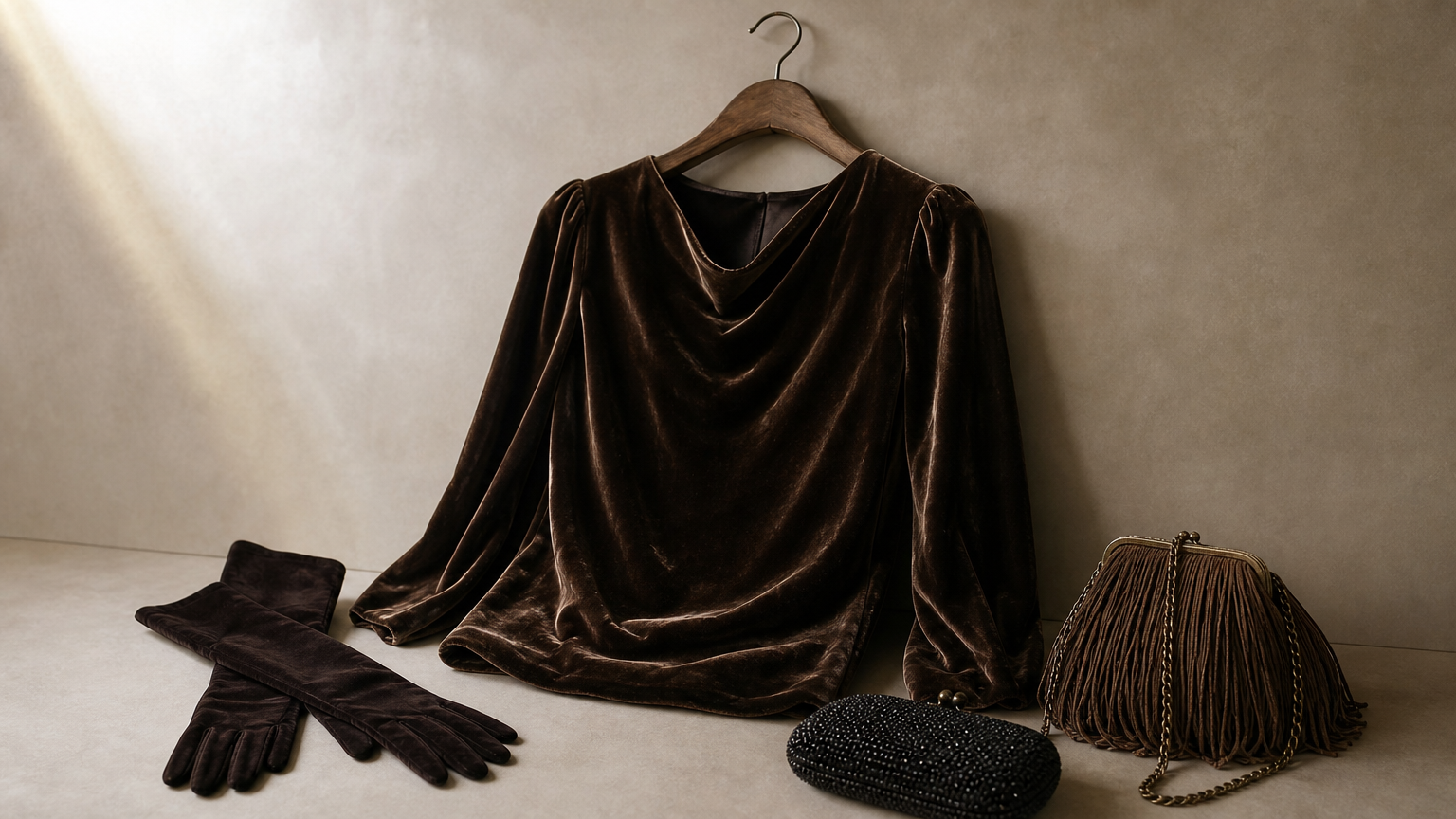 A velvet top on a hanger beside long gloves, a fringed bag and a beaded clutch.