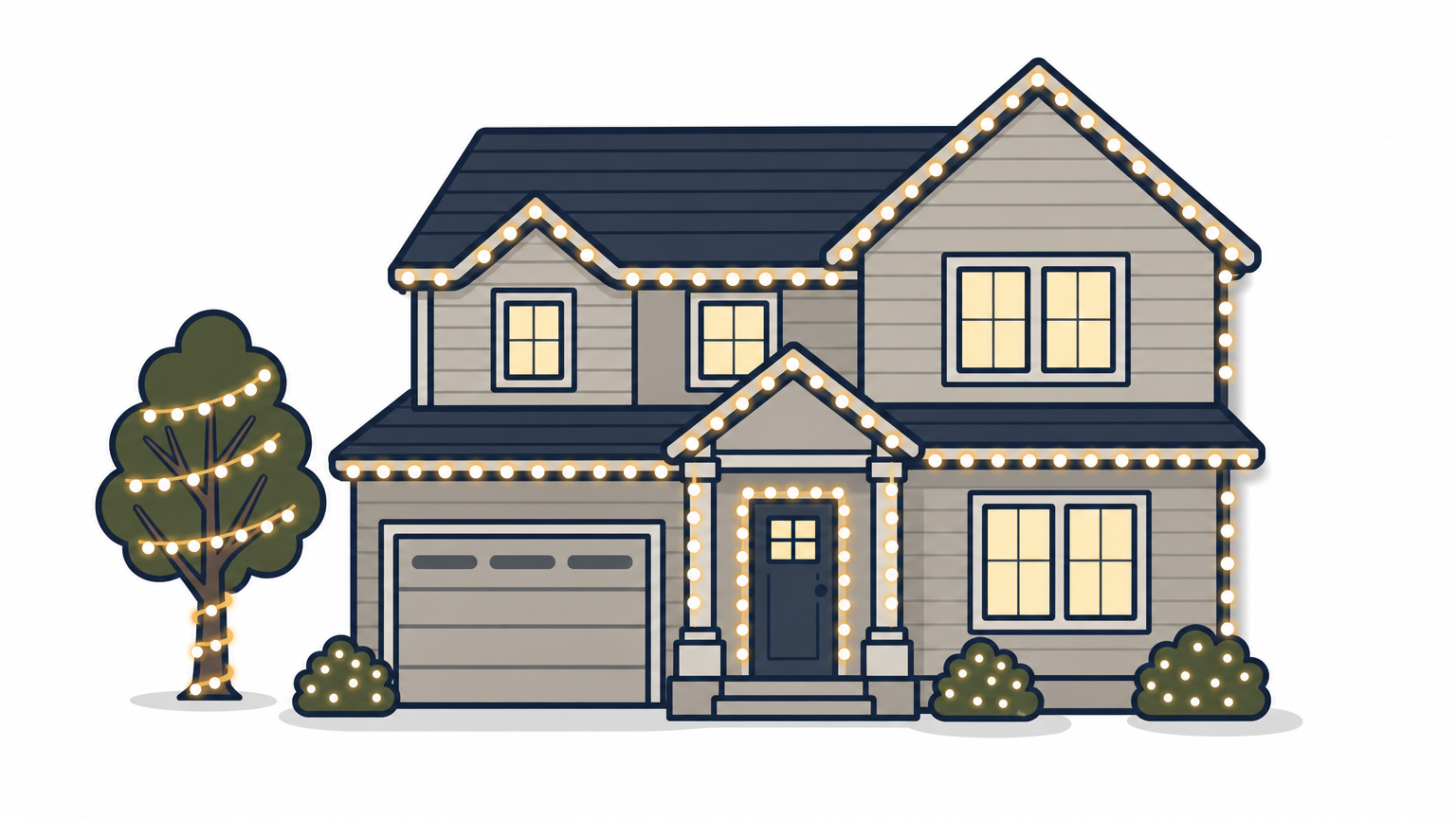 A house with roofline, gables and entry outlined in lights, plus a wrapped tree and lit shrubs.
