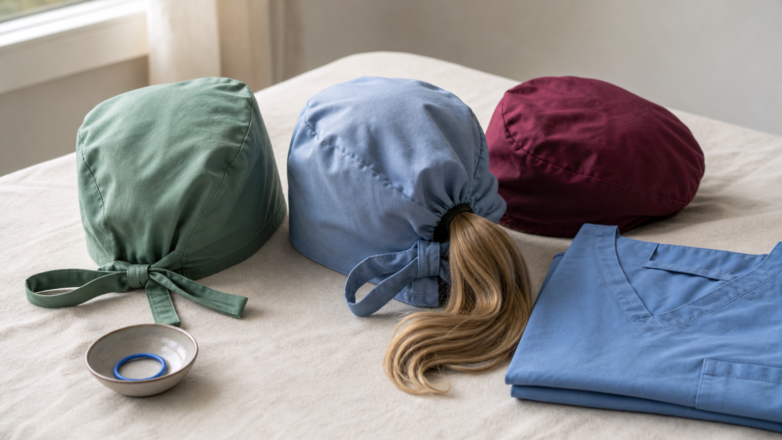 Green, light blue and wine-colored scrub caps arranged next to a folded scrub top.