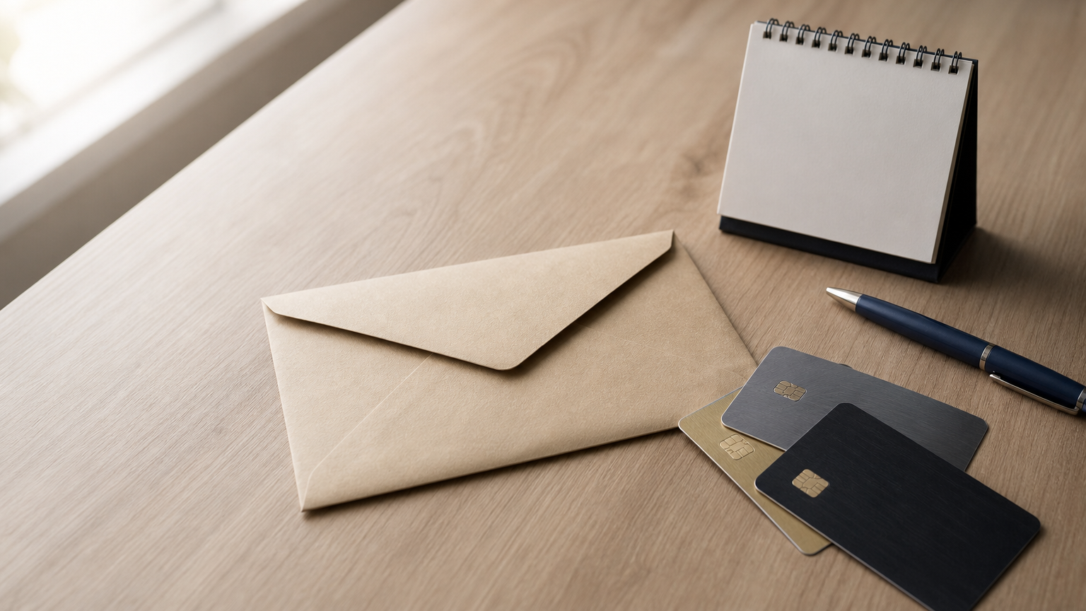 An envelope beside three fanned credit cards, a desk calendar, and a pen.