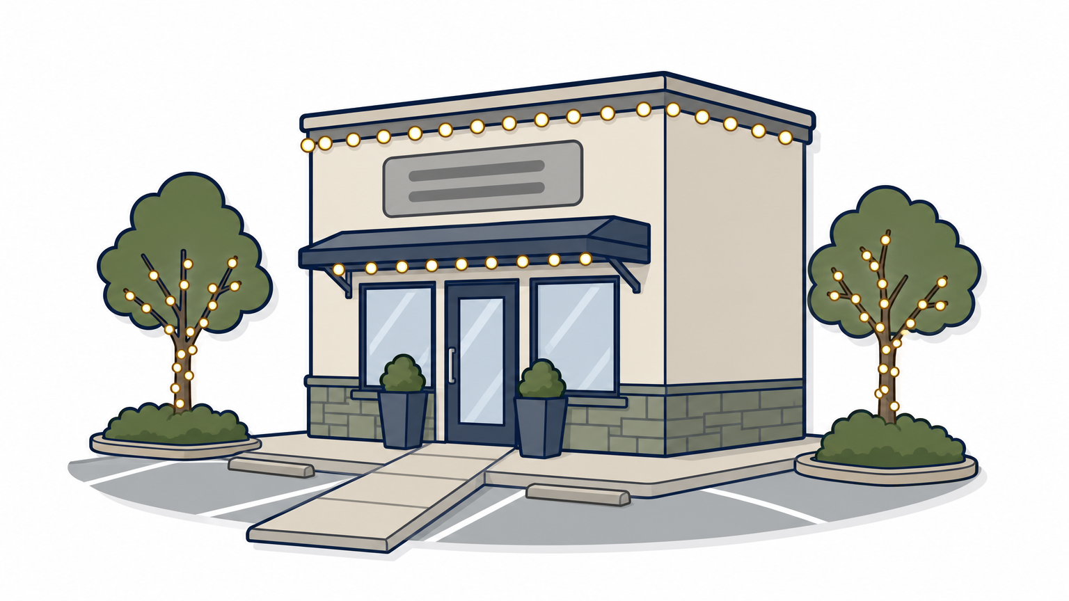 A storefront with lit roof edge and entry canopy beside parking-lot trees wrapped in lights.