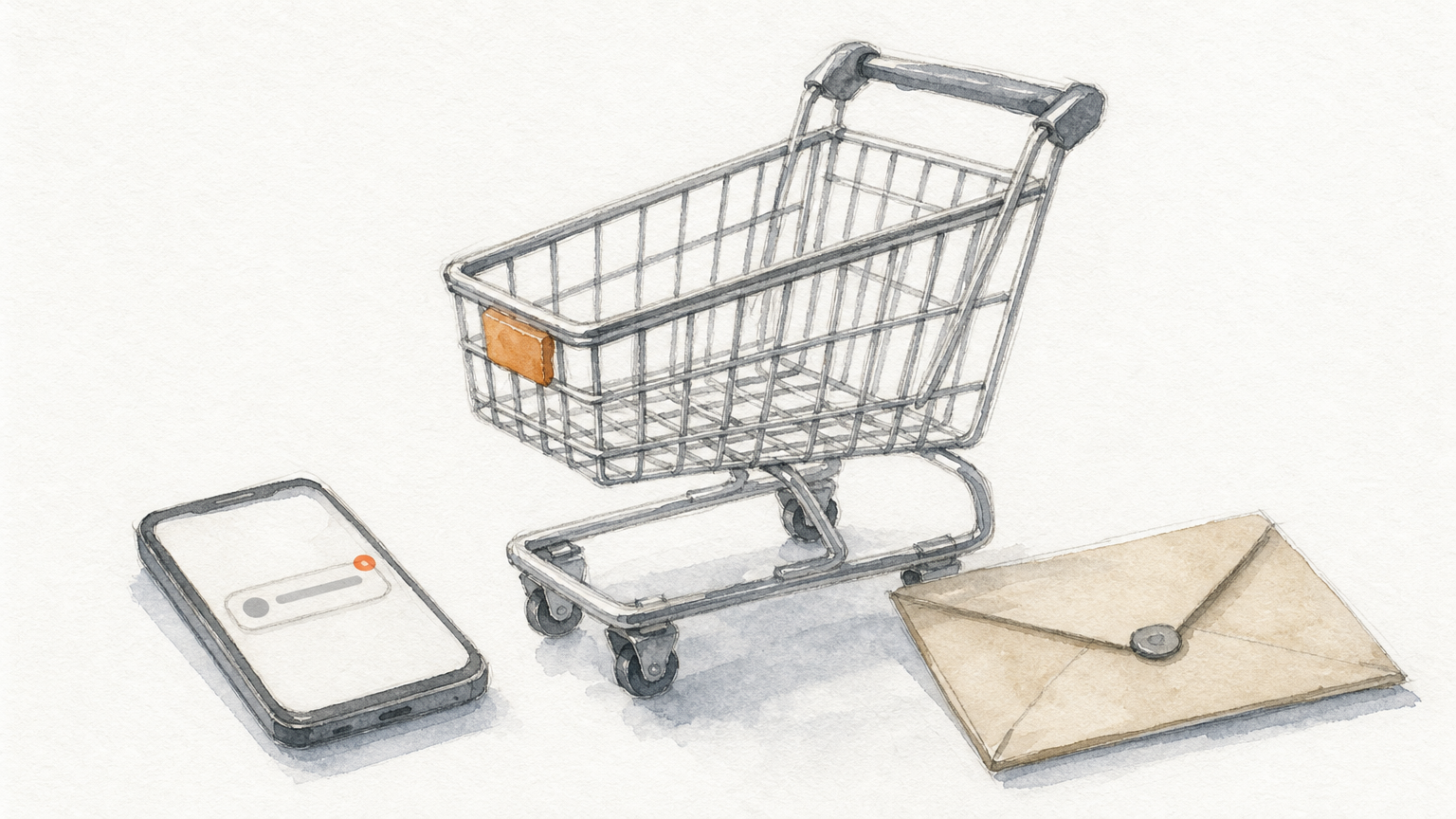 A wire shopping cart on a desk next to a smartphone and an envelope.