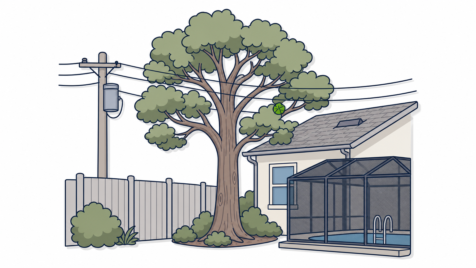 A tall tree squeezed between a house, pool screen enclosure, fence and overhead power lines.