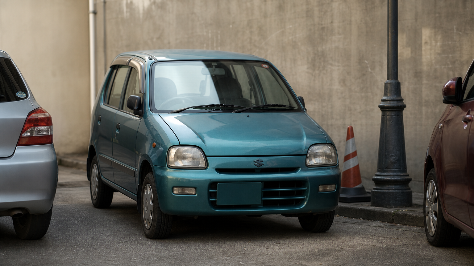 A small hatchback parked in a narrow gap between two cars near a traffic cone.