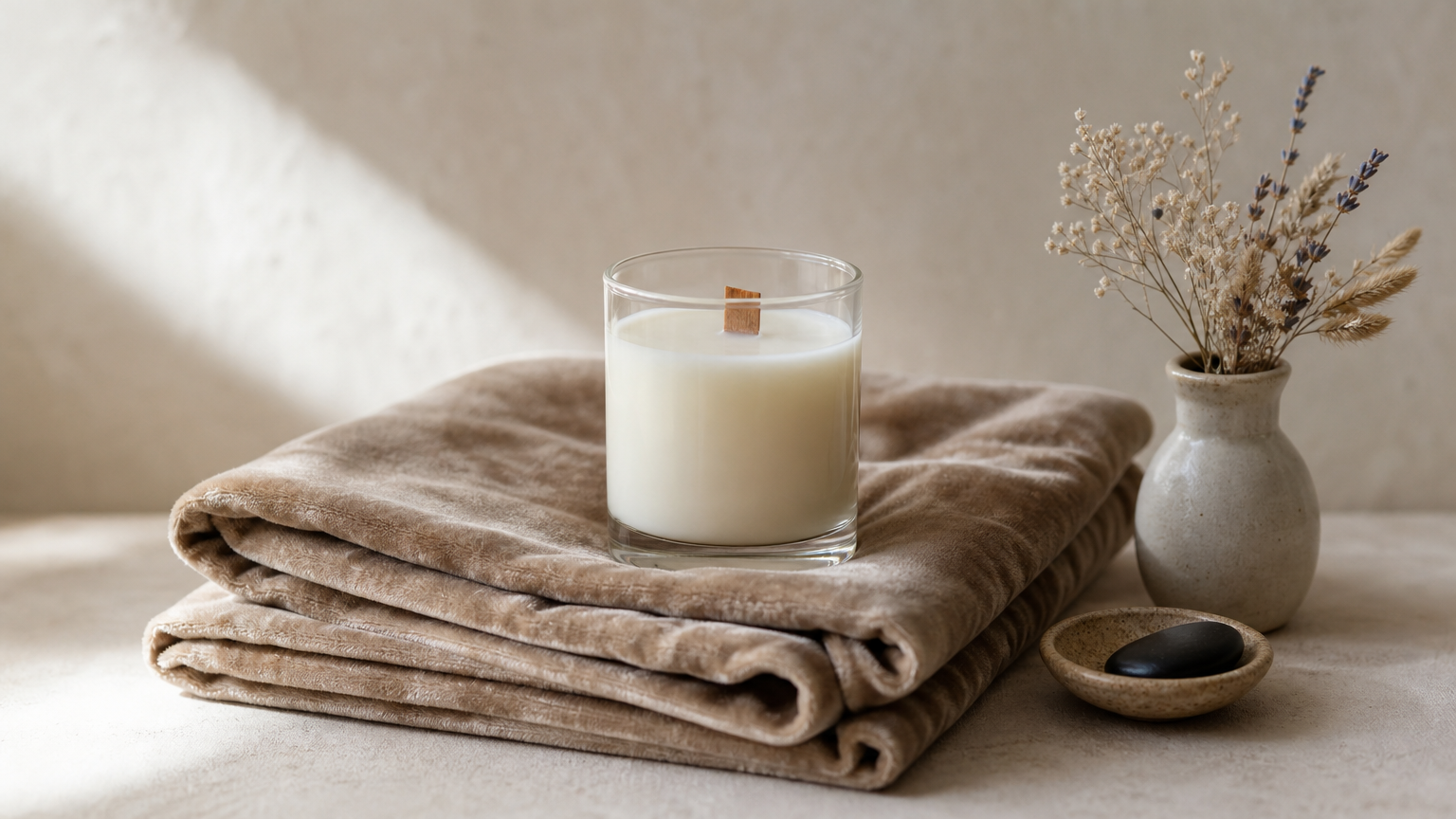 Bougie parfumée en pot de verre sur un plaid en velours plié, près d'un vase de fleurs séchées.