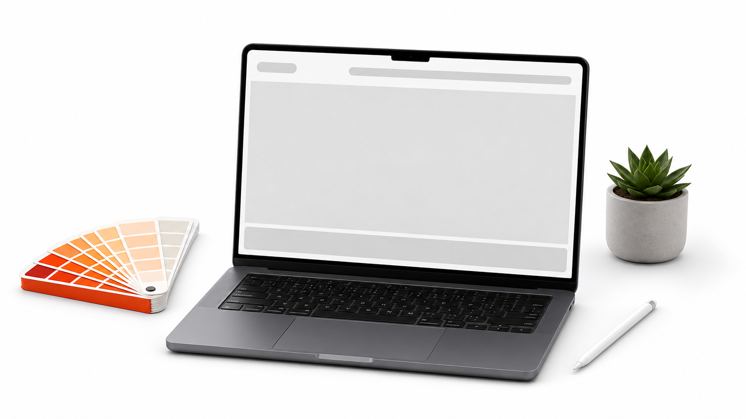 A laptop with a wireframe page, a fan of paint swatches and a stylus on a desk.