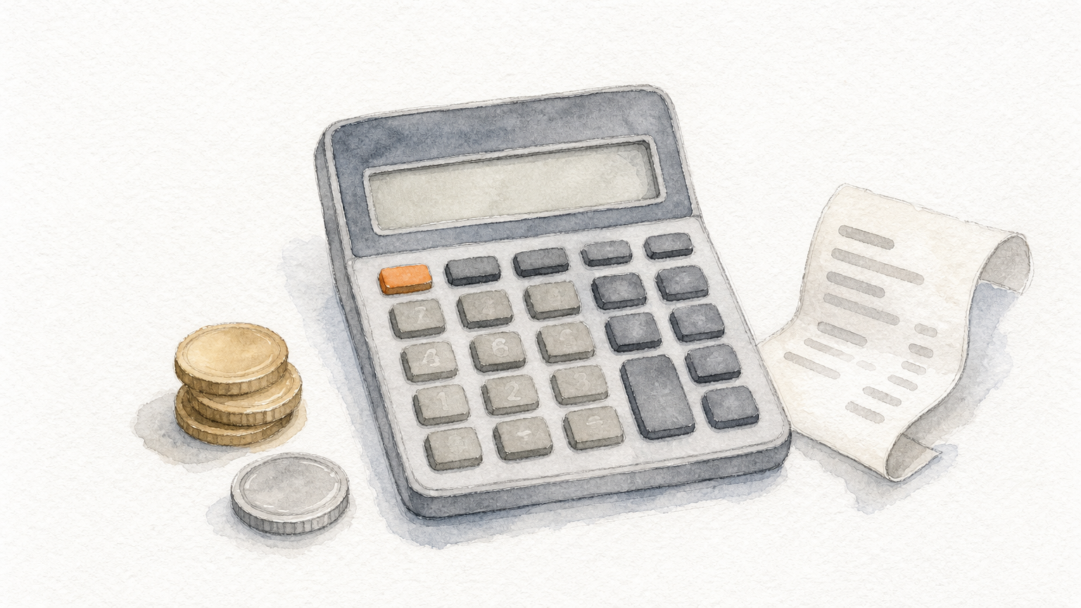 A calculator on a desk with a stack of coins and a paper receipt.